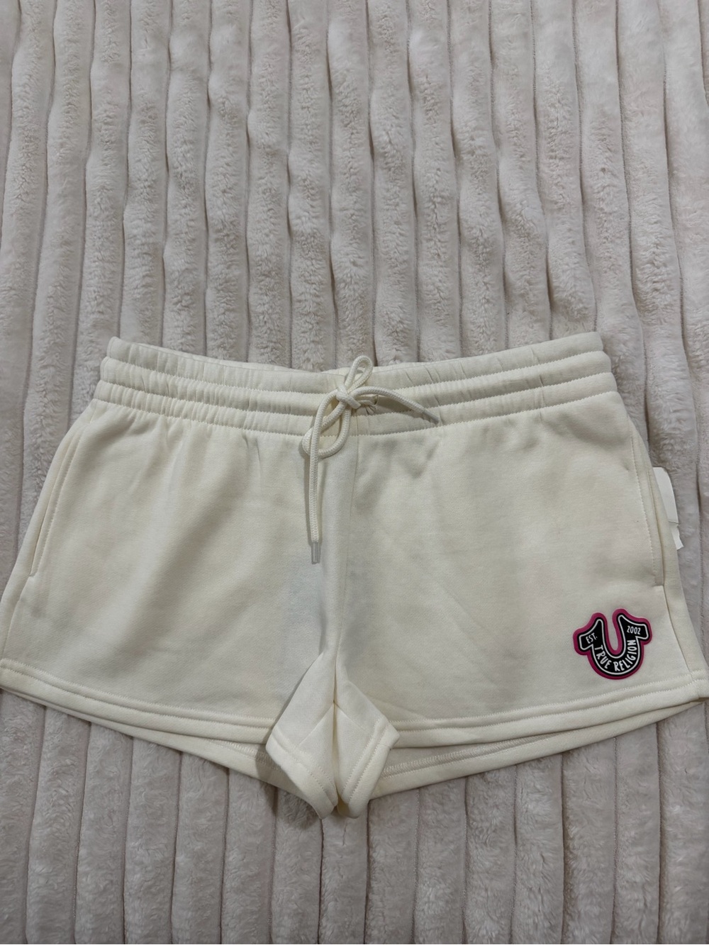 True Religion Cream Drawstring Athletic Shorts with Pink Logo Patch